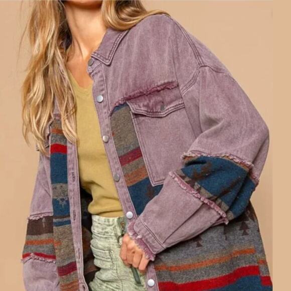 Rare POL Aztec Shacket S M | Western Patchwork Jacket, Fringe Hem, Oversized Fit - Picture 2 of 6